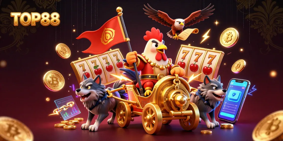 Join the adventure at TOP88 with a vibrant scene featuring a rooster warlord and gold elements.