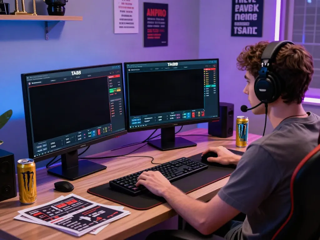 Engaged player using TA88 platform for live sports betting in modern home office.