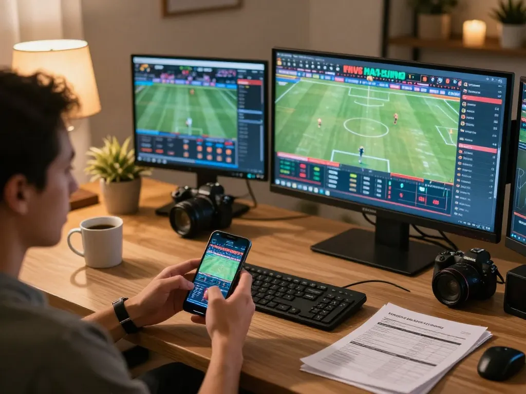 Engaging in sports betting on smartphone with 75W, showcasing strategic gameplay and modern setup.