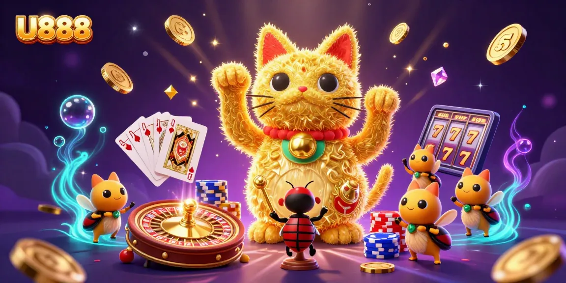 U888 offers vibrant energy with a lucky cat illustration representing dynamic gambling activities.