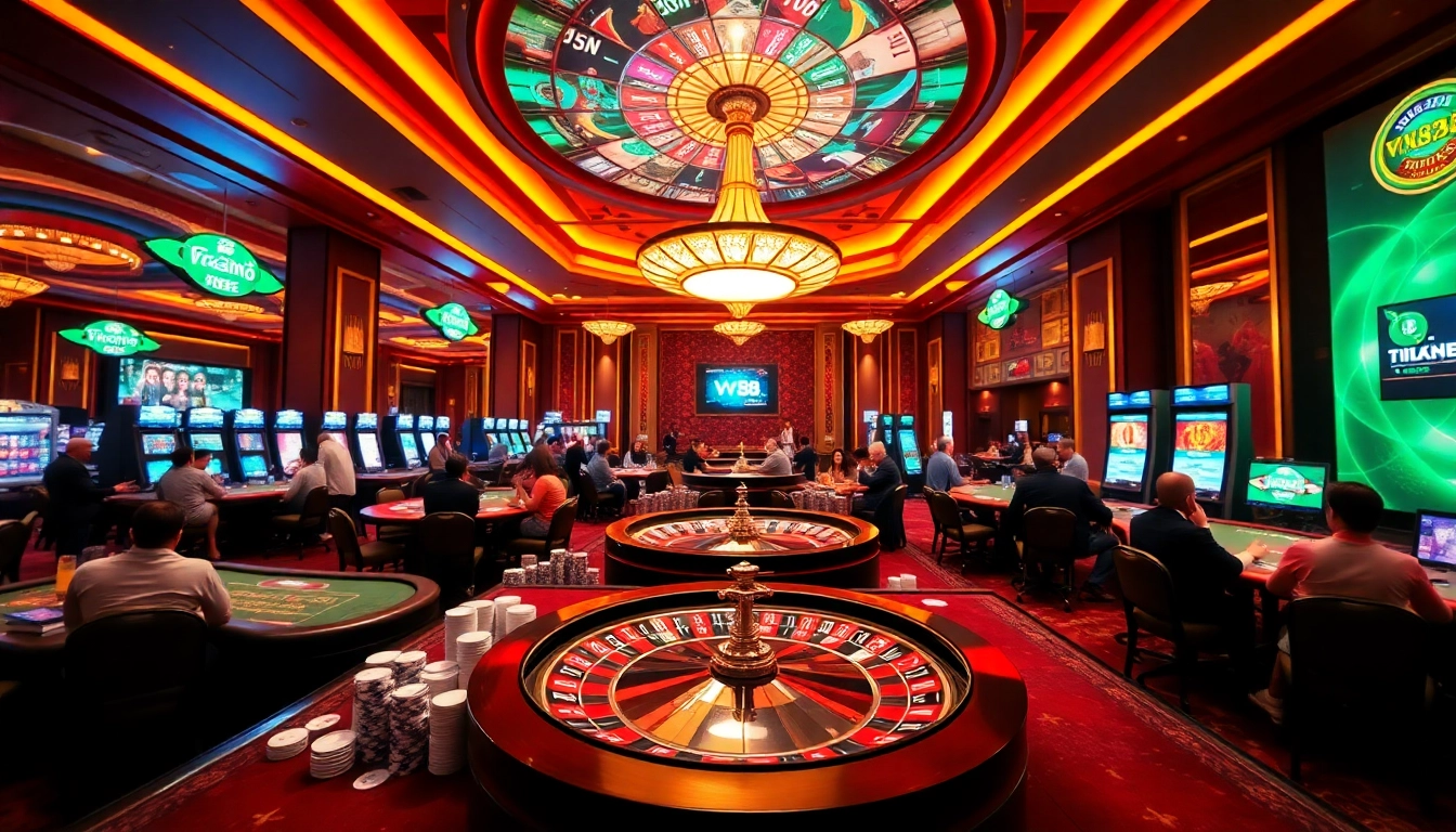Experience the thrill of gambling at vn888 with vibrant casino tables and excited players.