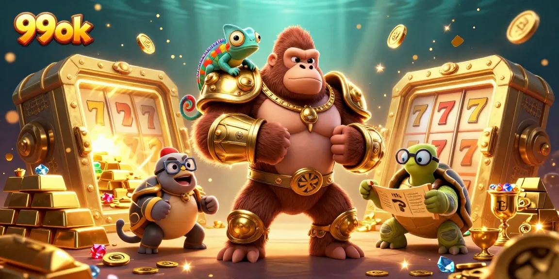 Engage with 99ok's vibrant casino scene featuring a powerful gorilla king amidst rich treasures and classic slot elements.