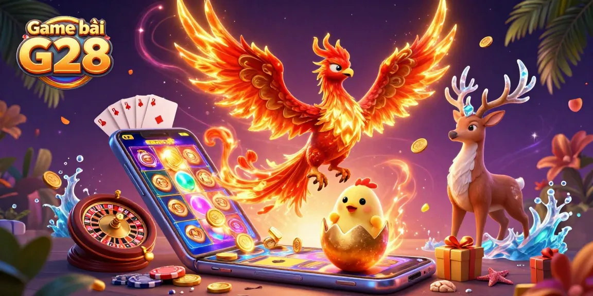 Experience the excitement of Game bài G28 with a vibrant 3D illustration featuring rich casino elements and mythical characters.