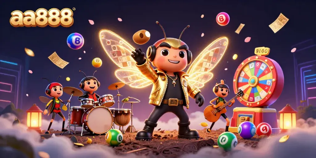 Experience the thrill of aa888 gaming with a vibrant scene of animated characters and lottery elements.