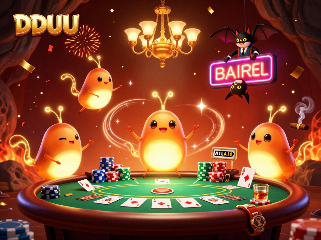 Experience the excitement of DDUU in this vibrant 3D casino scene filled with lively glowworms and poker action.