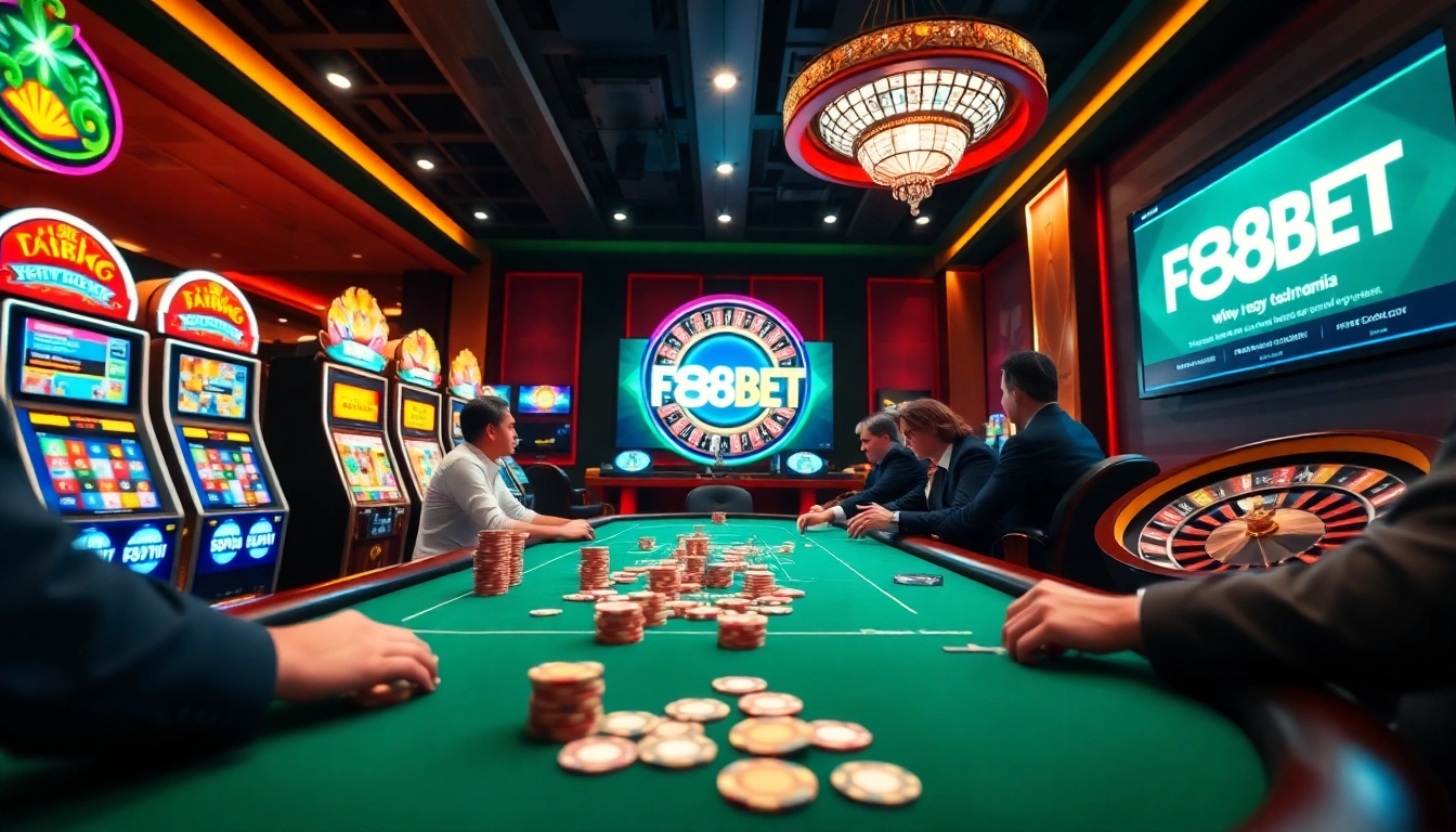 Join the thrill at F88BET's vibrant casino scene featuring lively poker tables and exciting slot machines.