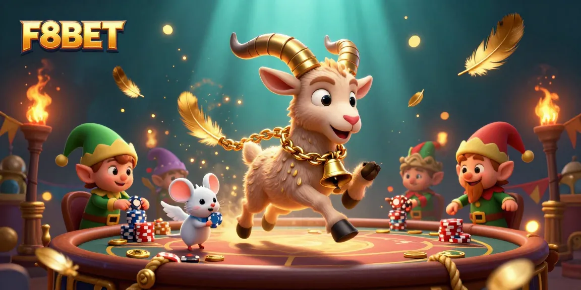 Engage in exciting games with F8BET, featuring a vivid casino scene with animated characters, gold coins, and dynamic action.