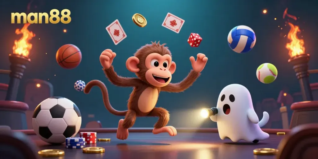 Experience the excitement of man88 with a playful monkey and ghost-hunter puppy in a vibrant casino.