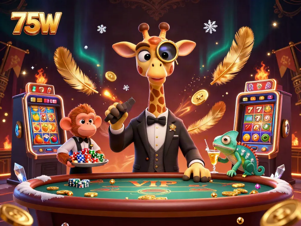 Experience the thrill of 75W casino gaming with vibrant characters, golden coins, and dynamic slot machine elements.