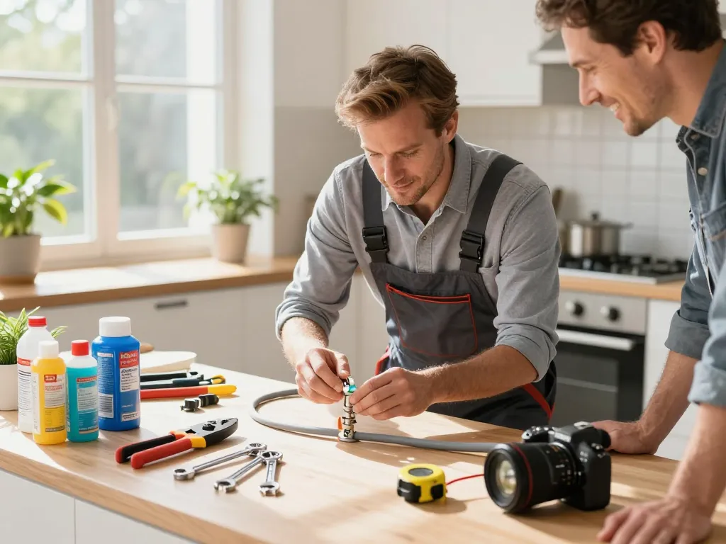 Encanador em São Paulo installing PEX tubing in a modern kitchen, demonstrating quality plumbing services.