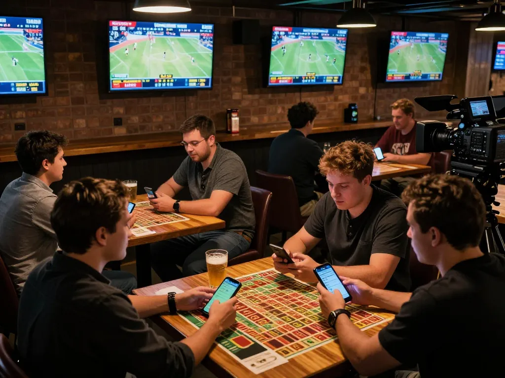 Engaged bettors using net88 for real-time sports wagering in a lively bar setting.