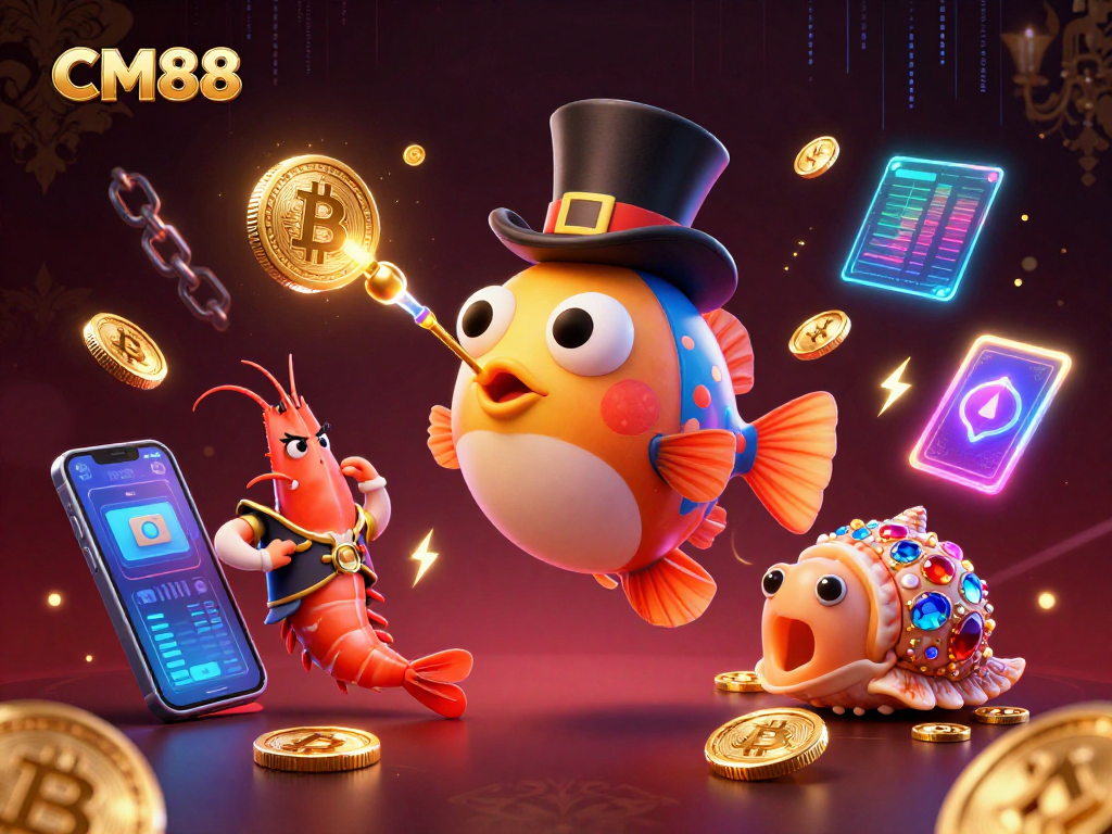 Engage with CM88's thrilling casino experience with vibrant graphics of an anglerfish attracting coins.