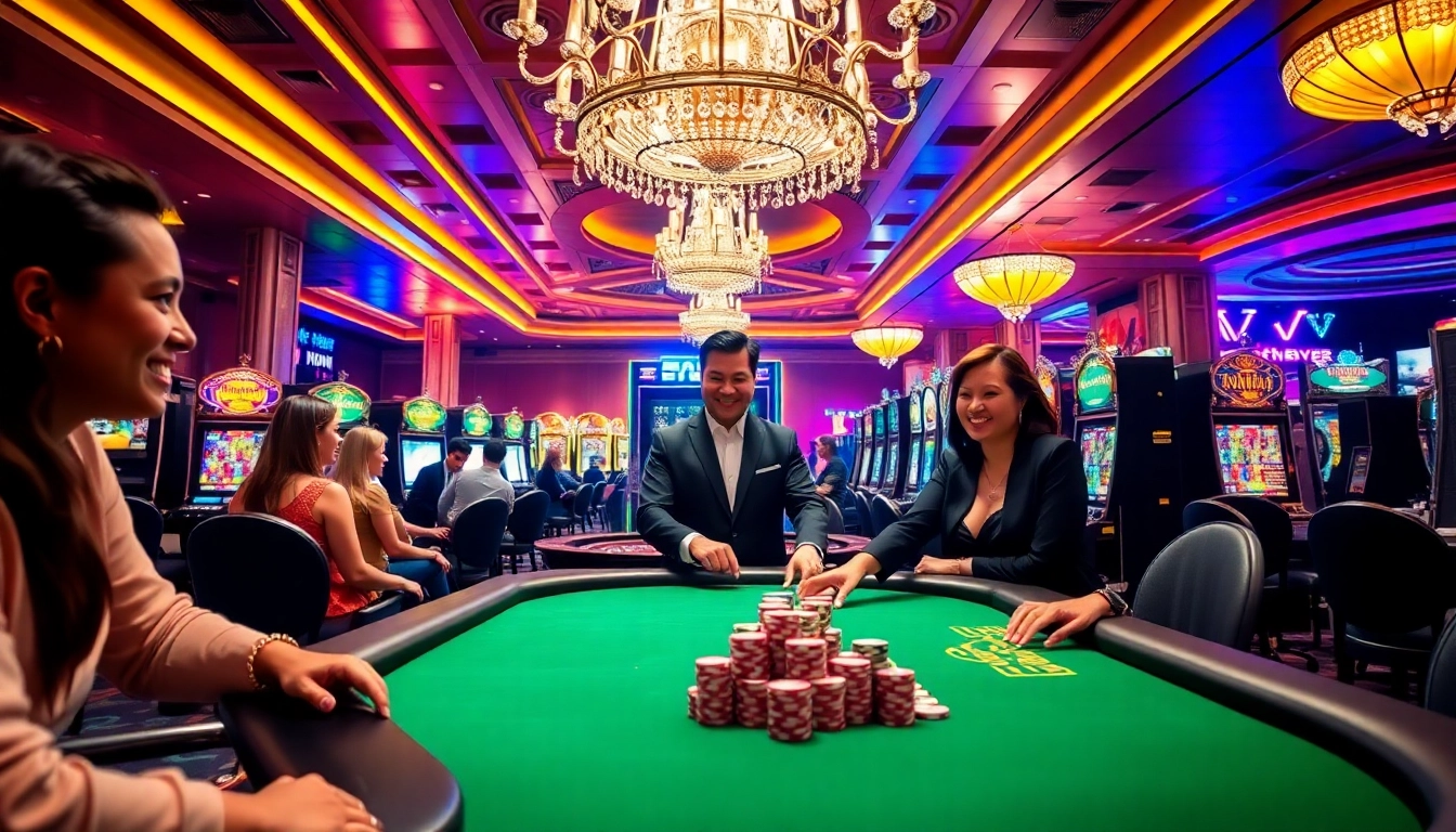 A 7hh casino floor featuring players engaging with roulette tables and vibrant slot machines.