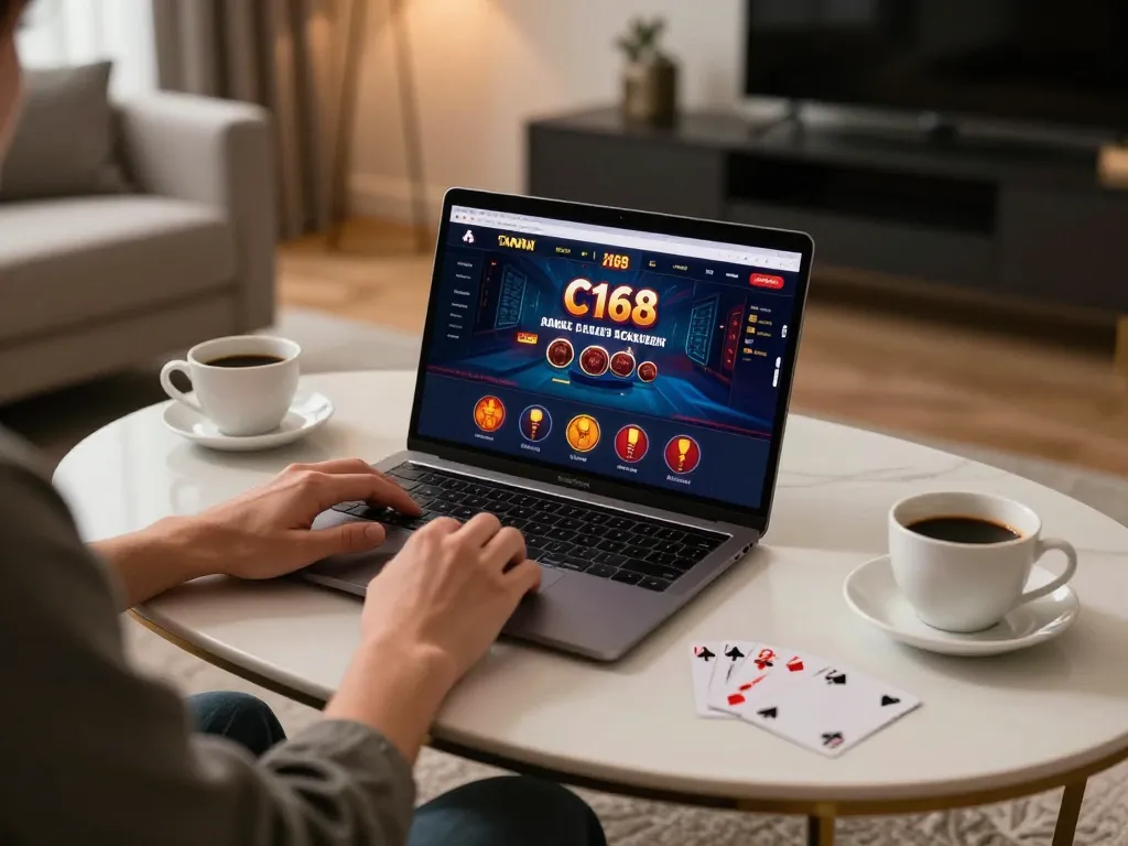 C168 player enjoying an online casino game in a stylish home environment with cards and coffee