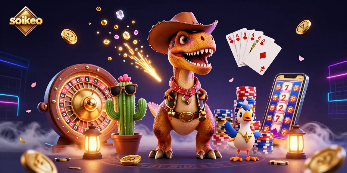 soikeo showcases an energetic casino scene with a cowboy dinosaur, casino elements, and vivid details.