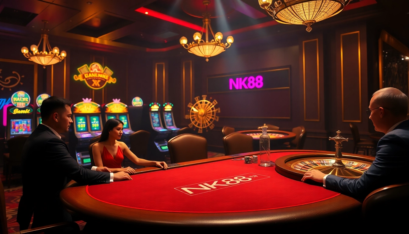 Experience the thrill of winning at NK88 with a vibrant casino scene highlighting poker and slots.