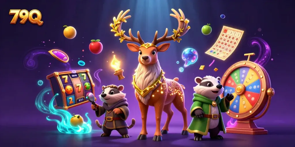 Experience thrilling gameplay at 79Q with a druid and badger amidst vibrant slot reels and jackpots.