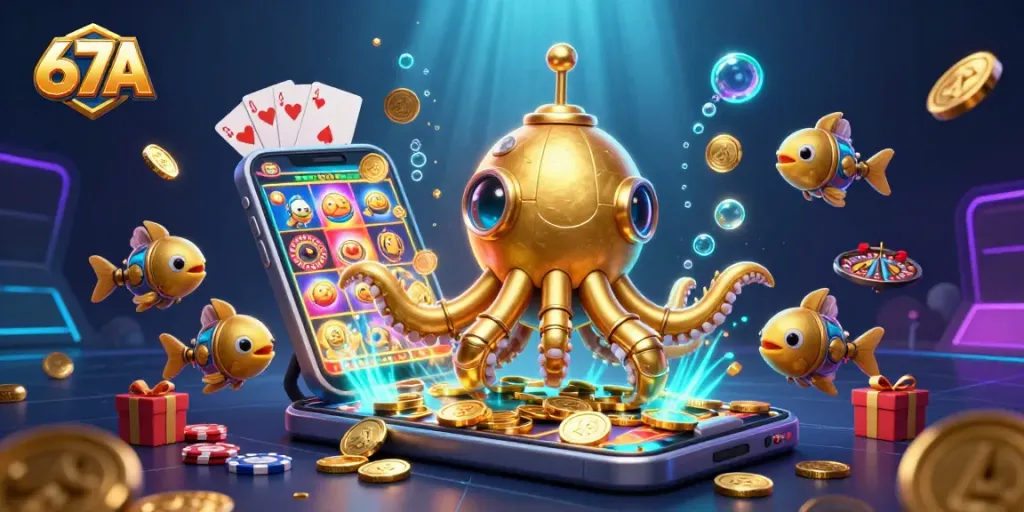 Engage with thrilling 67A casino excitement featuring a golden kraken submarine amidst golden coins and slot action.