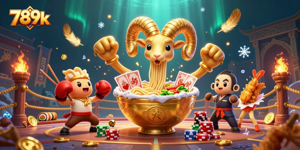 Experience thrilling gameplay at 789k as a giant ramen bowl deals cards in a vibrant casino arena.