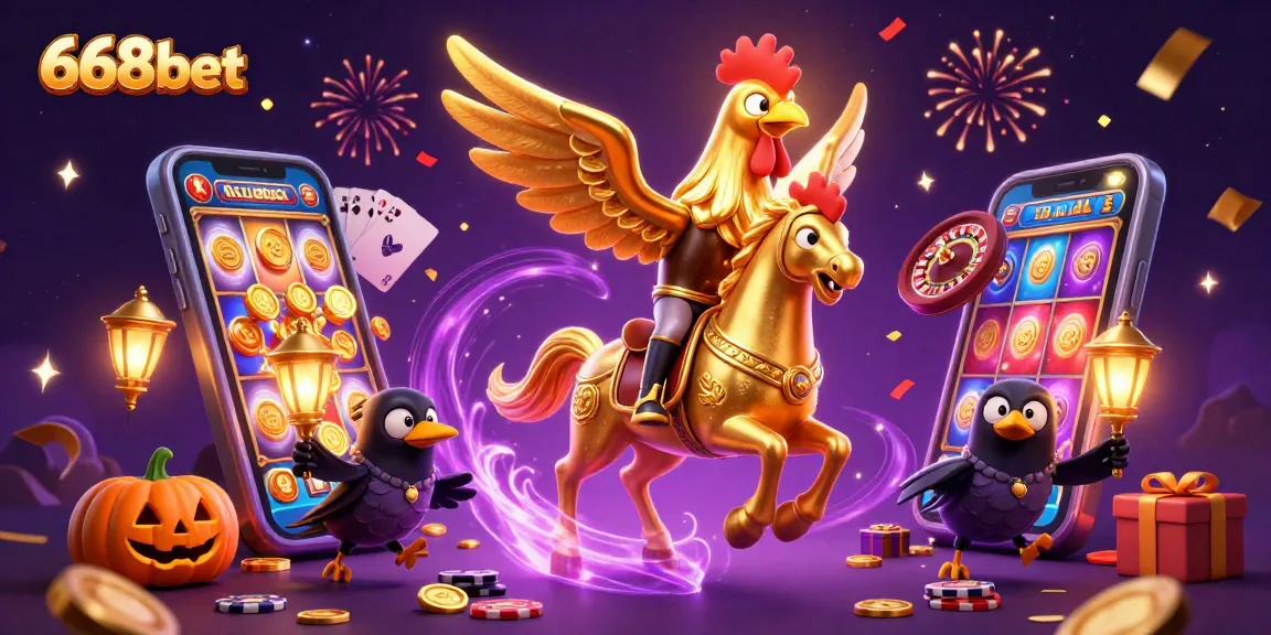 Engage with 668bet's vibrant casino atmosphere featuring a golden rooster and gaming elements.