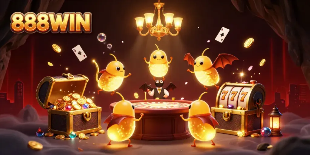 Light up your gaming experience with 888WIN's vibrant cave casino scene featuring glowworms and treasure.