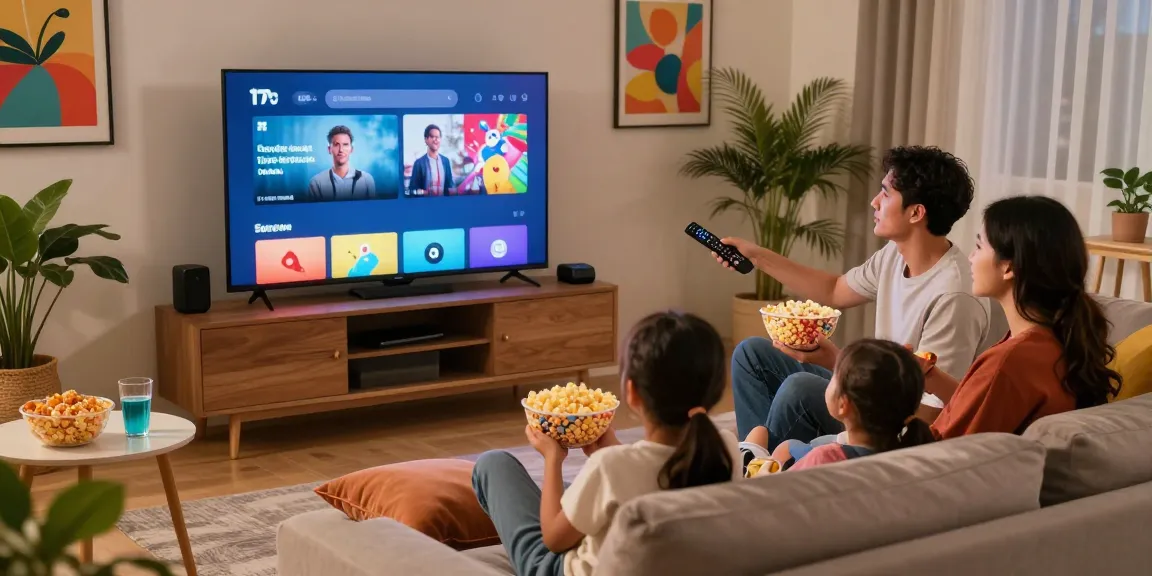 Família se divertindo com IPTV em noite de cinema em casa.