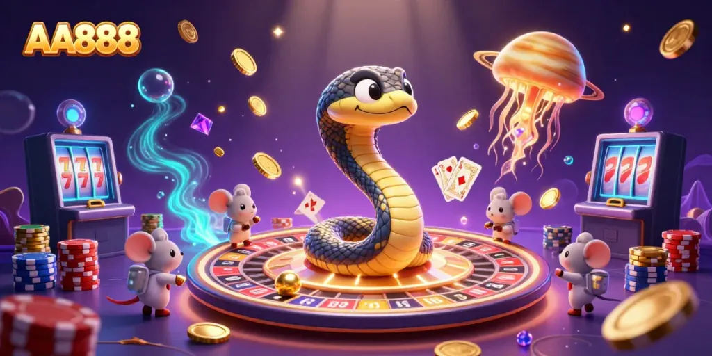 Spin and win at AA888 with a cosmic casino scene featuring a roulette wheel and playful astronaut mice.