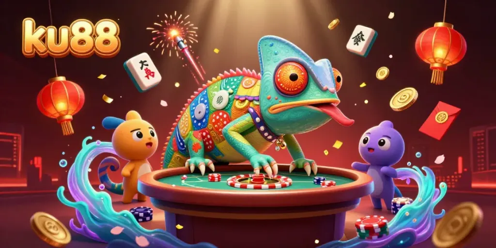 Experience thrilling gaming at ku88 with a vibrant, animated chameleon casino owner amidst a luxurious casino scene.