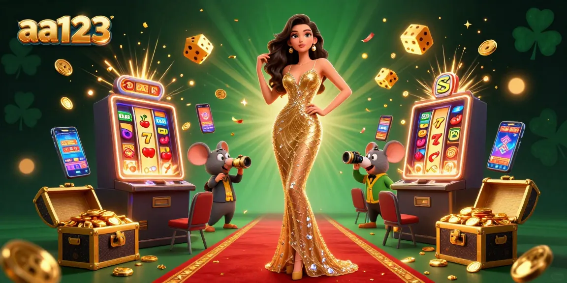 Jogue jogos emocionantes no aa123, com ilustrações vibrantes de máquinas caça-níqueis e um vencedor glamoroso.