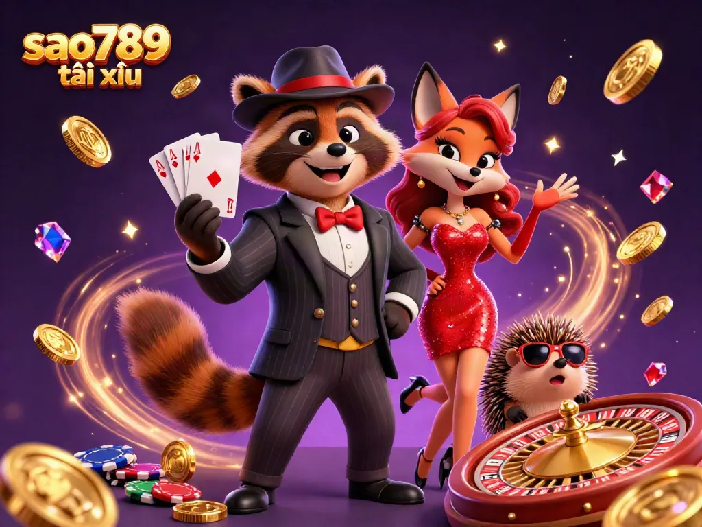 Engage with sao789 tài xỉu through a lively illustration of a raccoon in a suit winning a royal flush surrounded by casino elements.