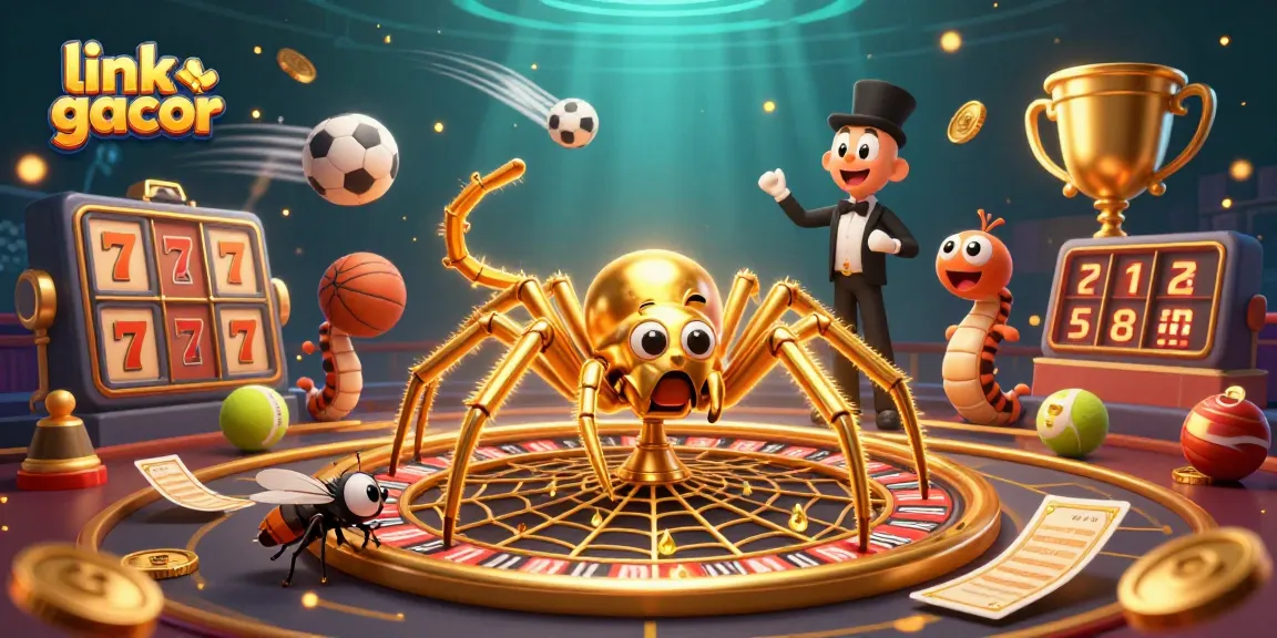 Engage with exciting link gacor slots while a golden spider spins a roulette wheel-shaped web of winning opportunities.