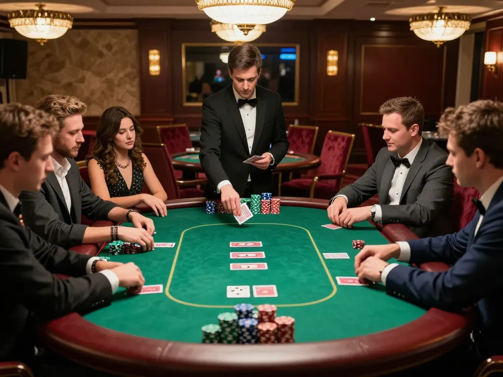 Engaged players at XX88 poker table enjoy high-stakes action in a luxurious casino setting.