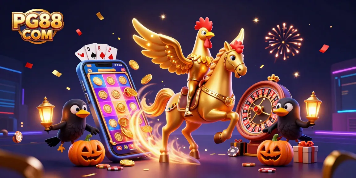 Engaging PG88 COM scene featuring a golden rooster and spectral horse in a vibrant casino atmosphere.