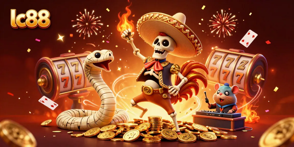 Celebrate wins at lc88 with a lively 3D casino scene featuring a mariachi rooster, mummy snake, and zombie hamster DJ.