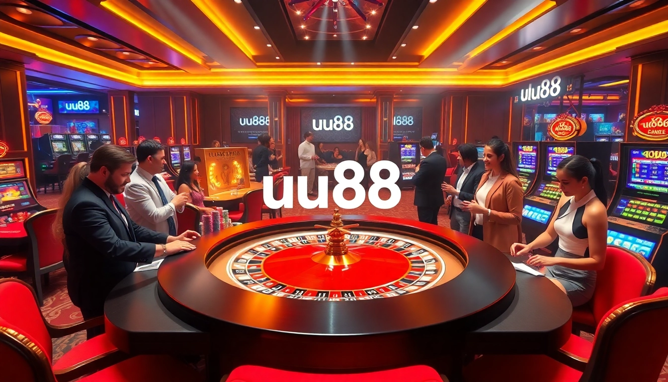 Players engaging at a thrilling uu88 casino table with cards, chips, and roulette.