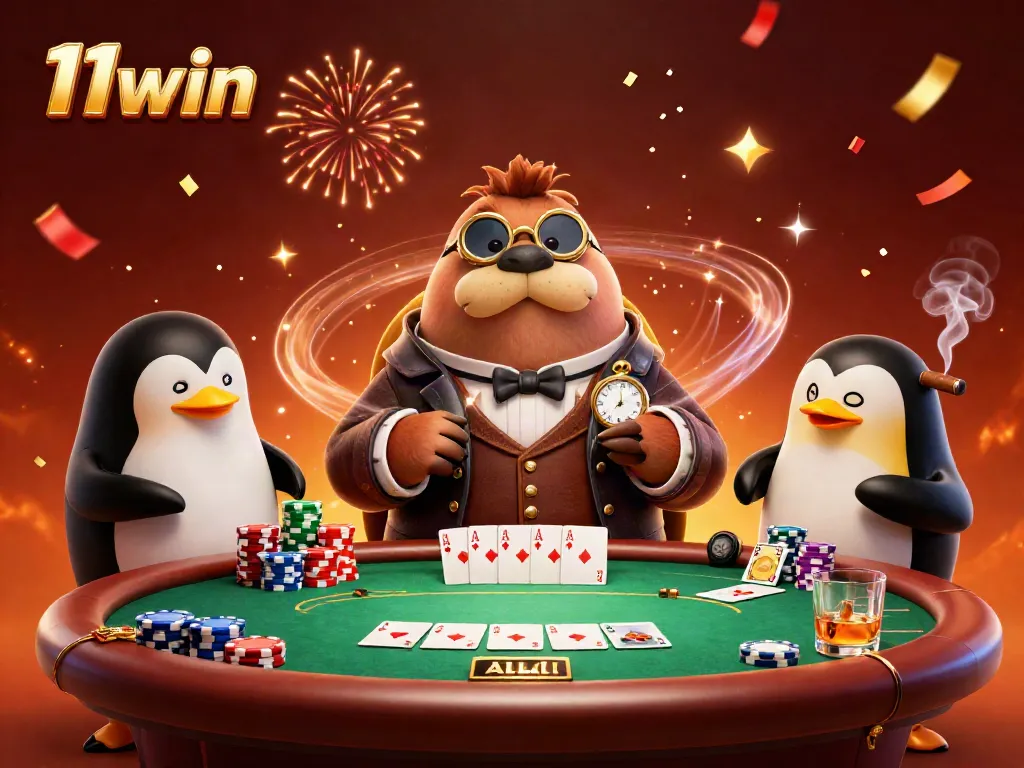 Experience the excitement of 11win with a jolly walrus bluffing at an underwater poker table.