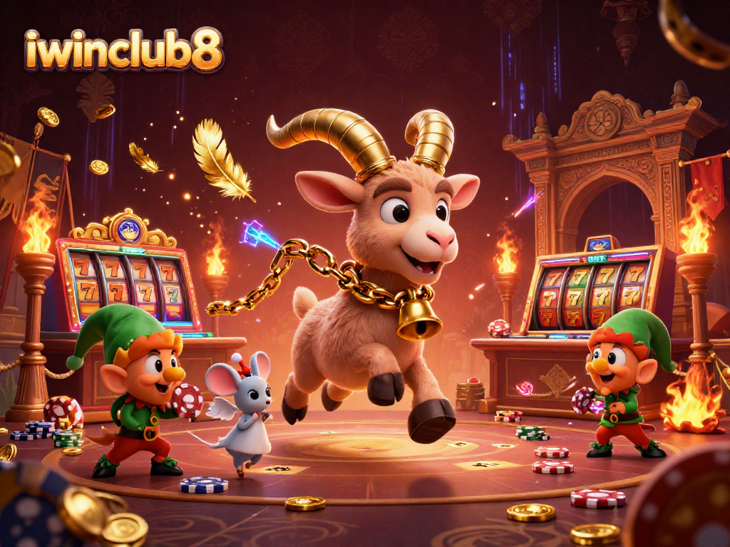 Experience excitement at iwinclub8 with a festive Krampus and mischievous elves in a holiday casino scene.