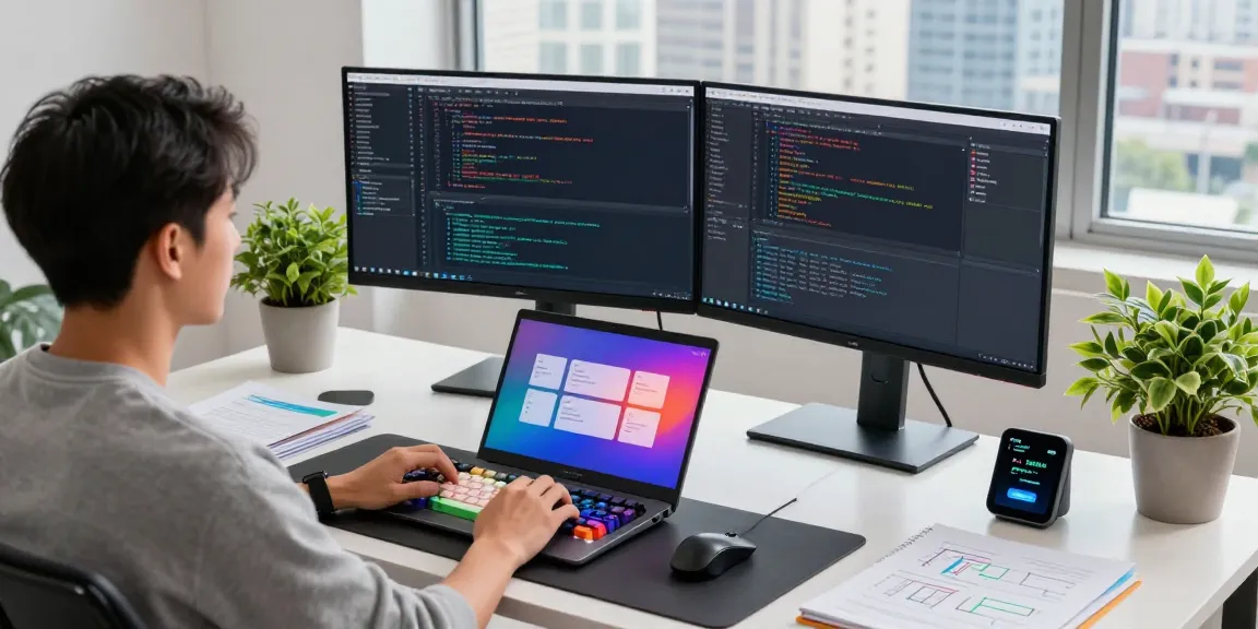 Download WPS Office and enhance productivity in a modern workspace with coding tools, laptop, and vibrant screens.