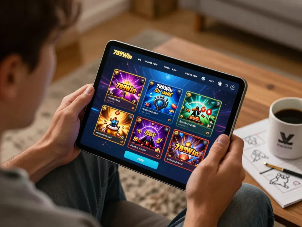Engaging with the 789win link app for online casino games in a cozy home setting.