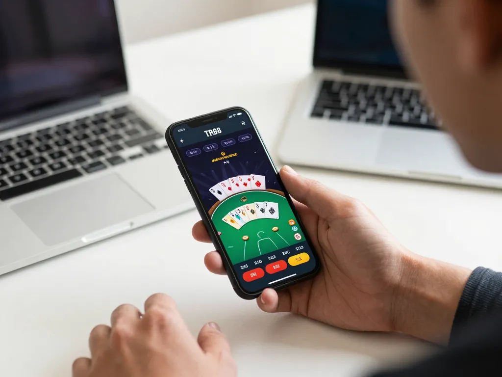 Engaging user on TR88.com mobile app for live poker game in a modern workspace.