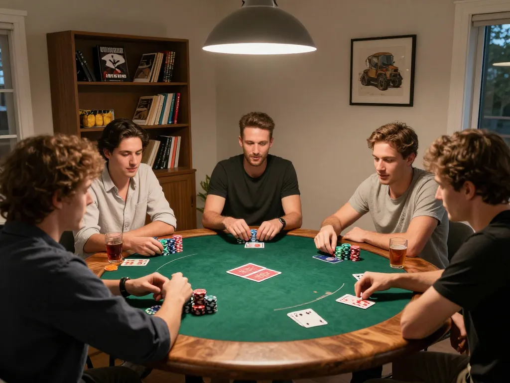 Friends enjoying a lively poker game at home, showcasing rikvip-themed atmosphere with vibrant chips and strategy