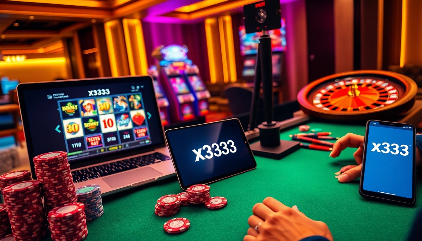 Exciting x333 online casino scene with spinning slot reels, poker chips, and active roulette wheel