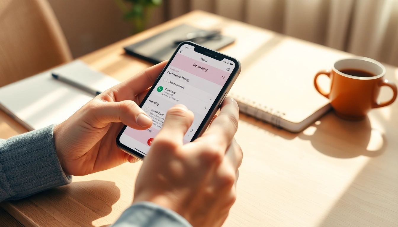 Record a call recording session on a smartphone in a cozy workspace
