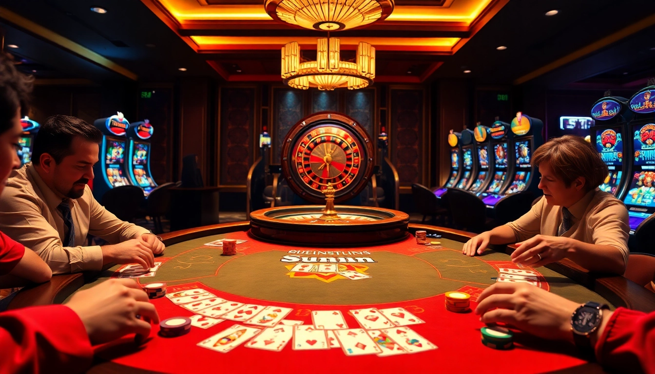 Experience the thrill at the sunwin poker table surrounded by players and luxury elements.