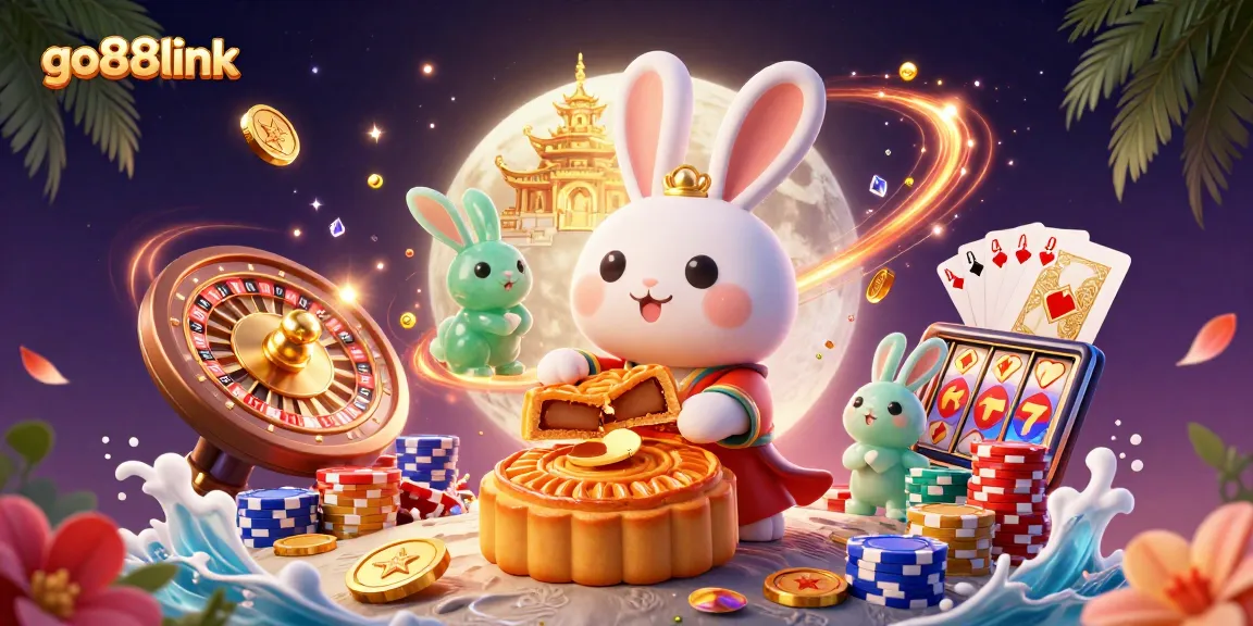 Experience excitement with go88link, as the moon rabbit unveils poker chips in a vibrant 3D casino scene.