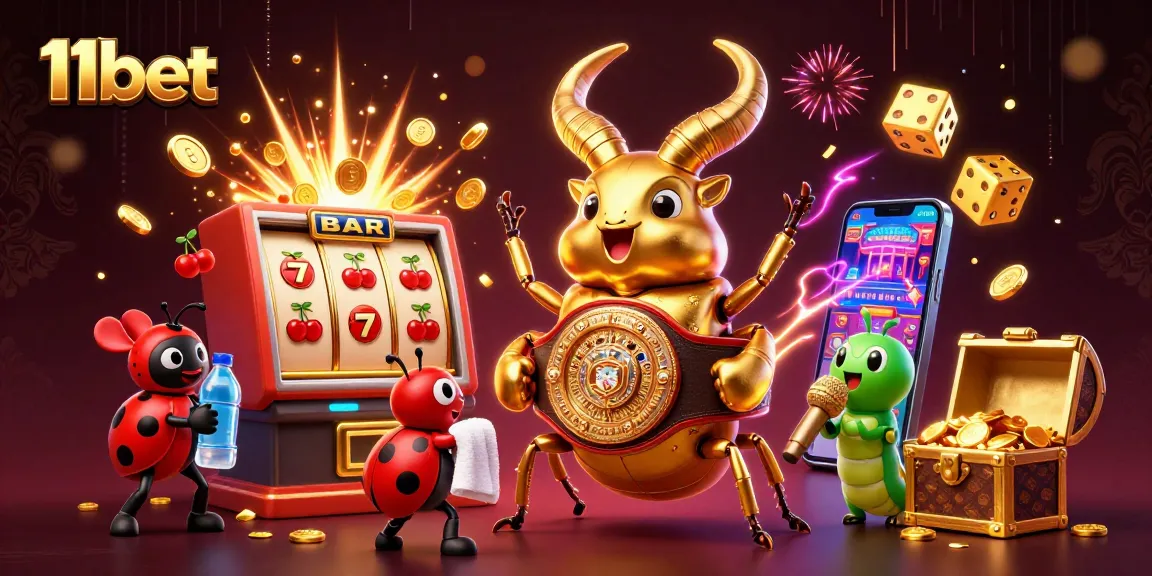 Experience thrilling wins with 11bet's vibrant casino illustration showcasing dynamic games and energetic characters.