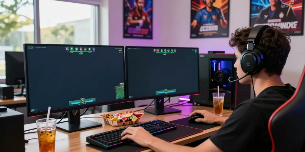 Engaging online gaming setup at https://man88.hair/ with dual monitors showing live games and colorful LED lights.
