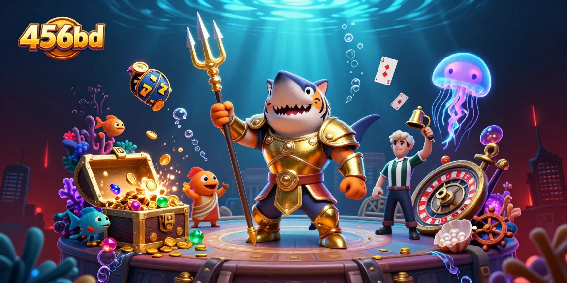 Experience the thrill of gaming at 456bd with a vibrant underwater casino scene featuring a shark gladiator and treasures.