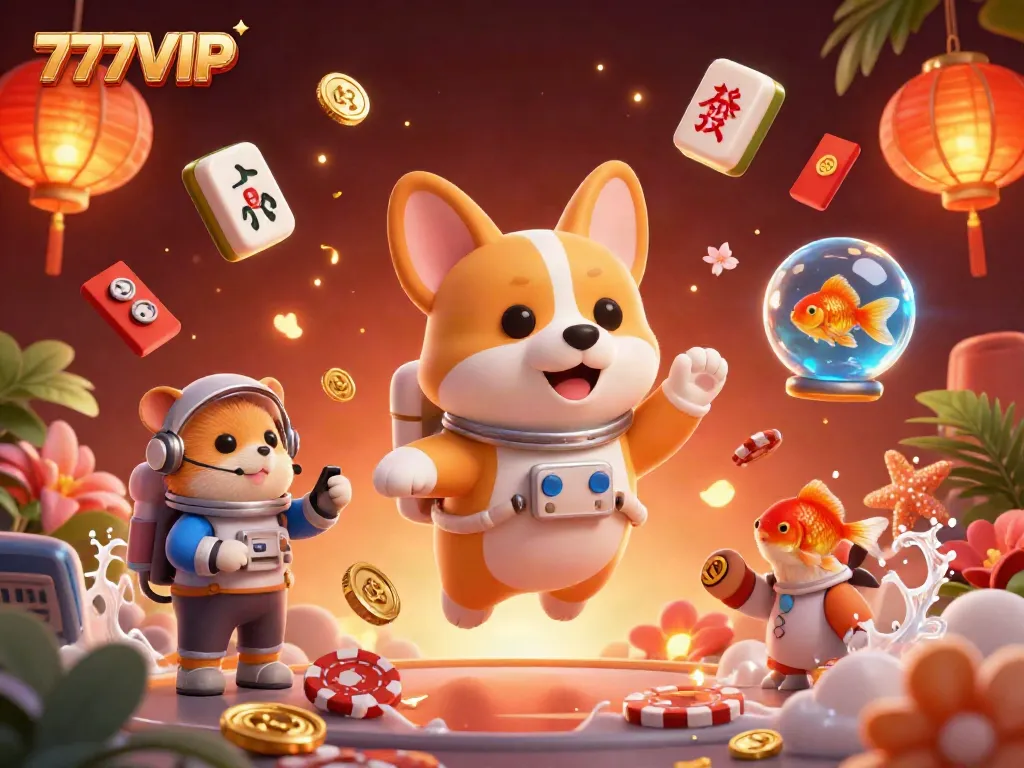 Experience the excitement of betting at 777VIP in a vibrant, floating casino scene with animated characters.