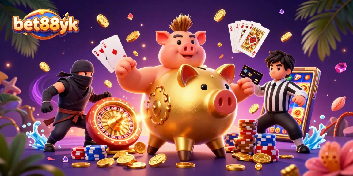 The golden piggy bank sumo wrestler dominates the bet88yk casino scene, releasing coins and gems.